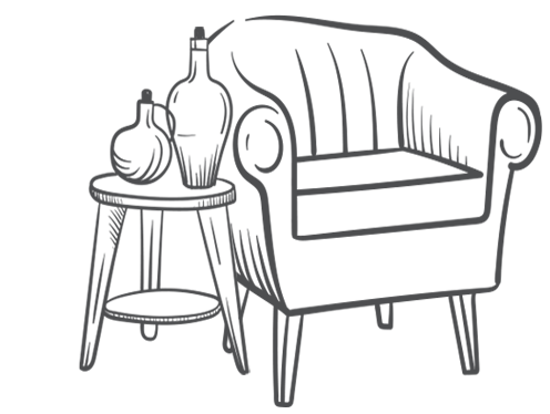 Line drawing of a sofa with a small side table holding a few bottles and a glass