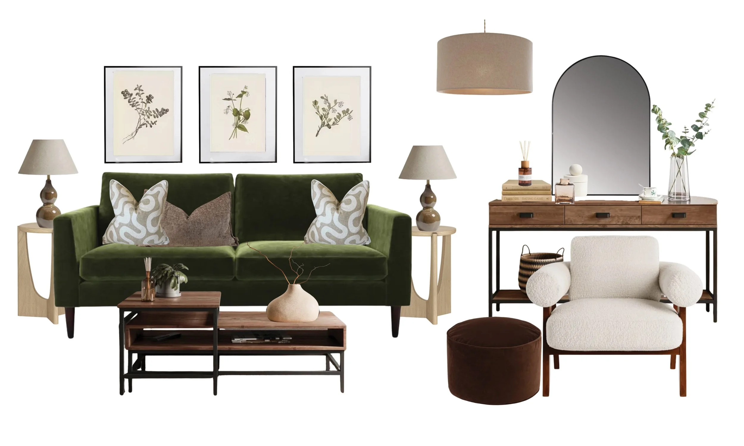 Living room with a green velvet sofa, framed botanical prints, beige table lamps, a wooden coffee table, a white armchair, a wooden sideboard with a mirror, and various decorative items including vases and books.