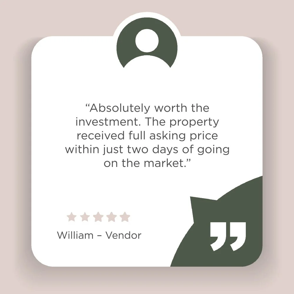 Customer review quote about property investment on a digital card with silhouette icon and quotation marks.