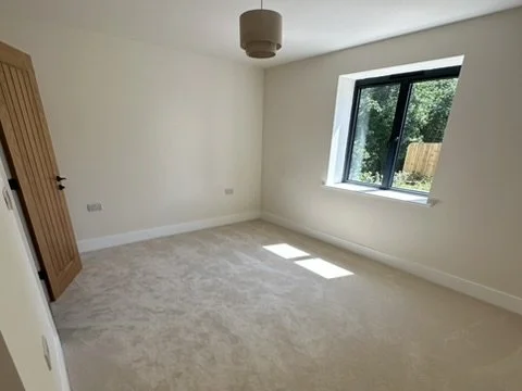 Empty bedroom. Beige carpet, wooden doors