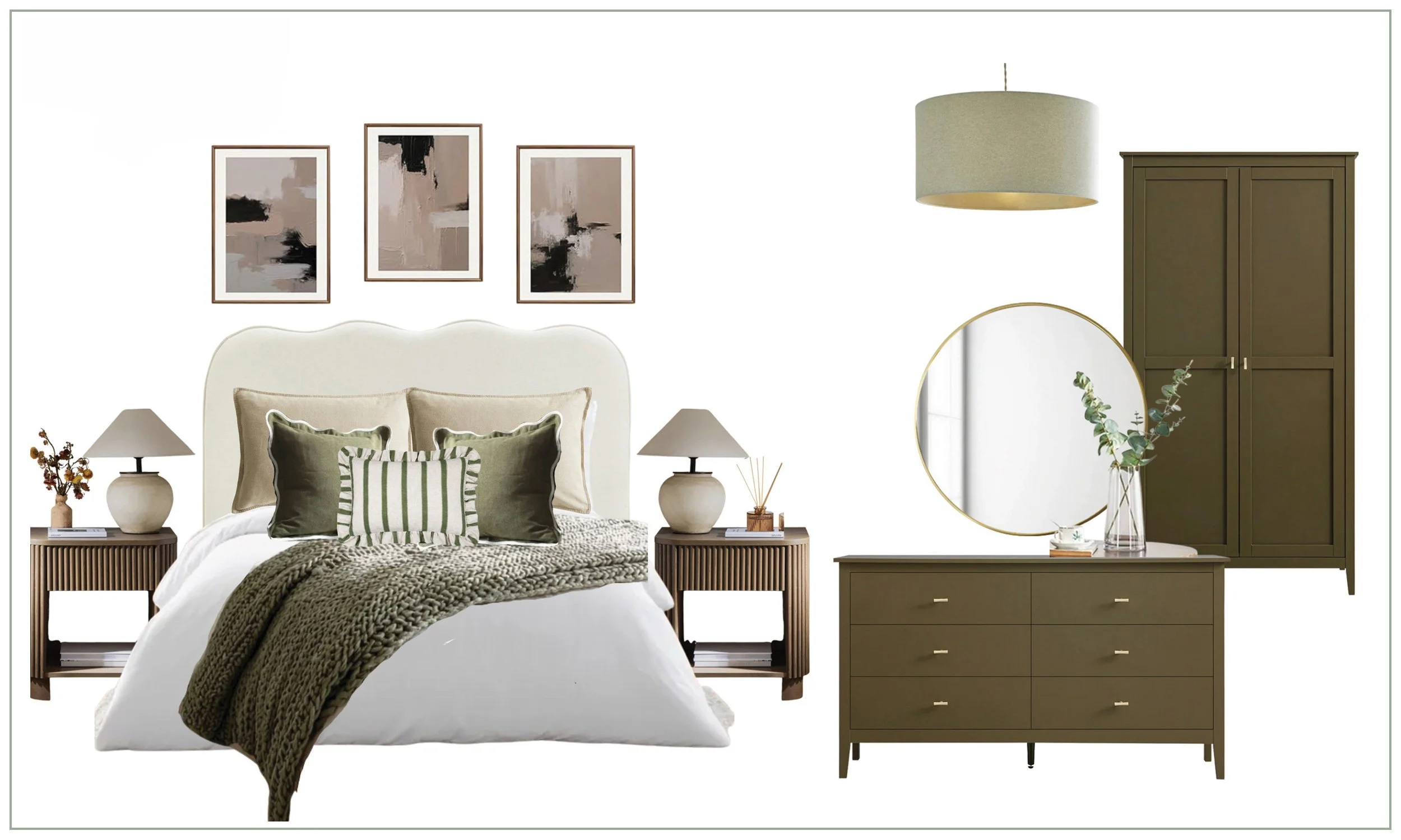 Minimalist bedroom with a large bed, beige headboard, and striped and solid pillows. Bedside tables with lamps and decorative items. Wall art above the bed. Green dresser with a round mirror, a vase with greenery, and a hanging beige pendant light.