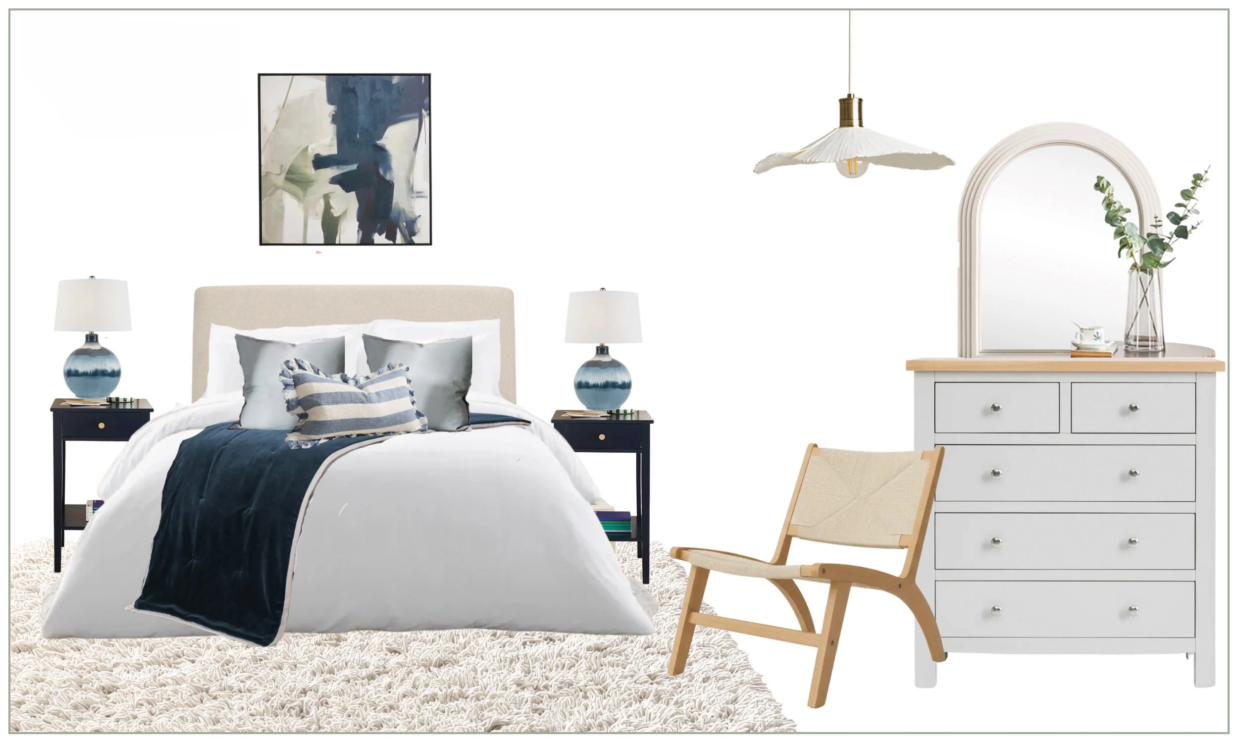 A bedroom with a bed covered in white and navy blue bedding, two matching bedside tables with landscape lamps, a wooden chair, a white dresser with a mirror and a vase with greenery, a hanging pendant light, and abstract artwork on the wall.