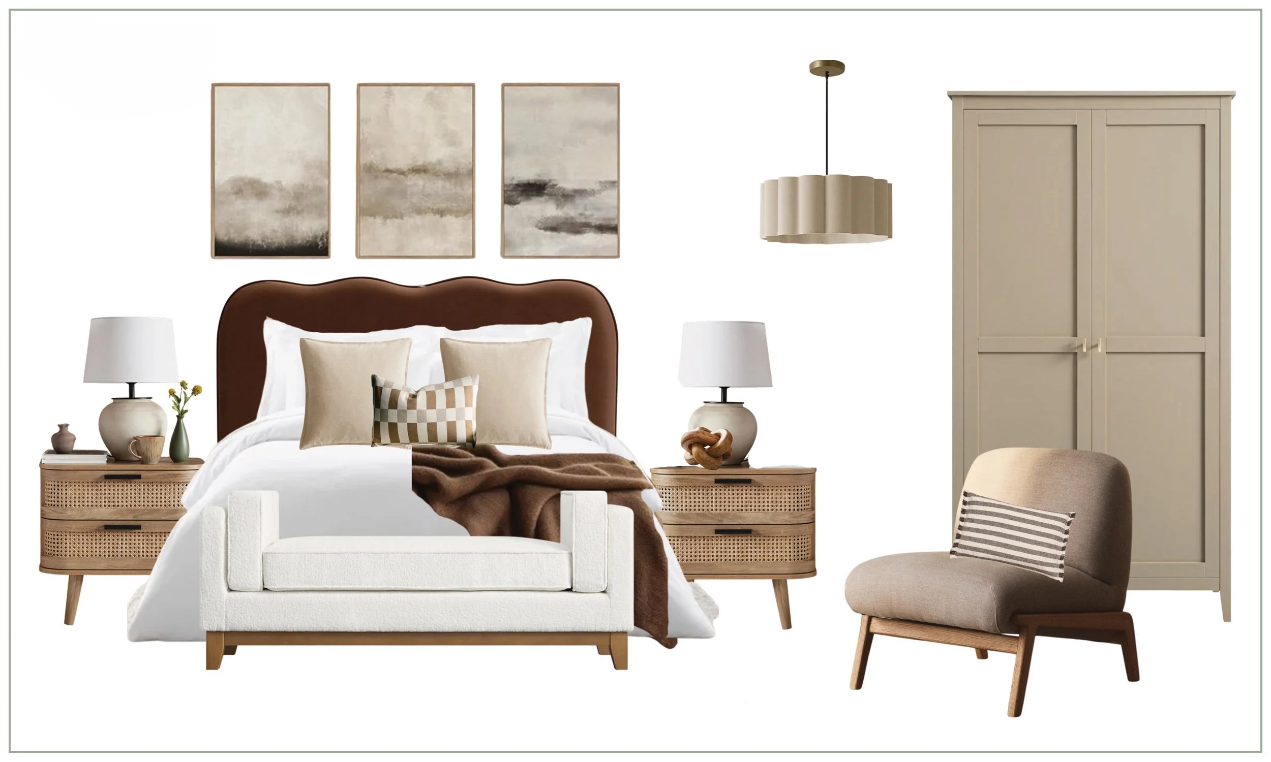 A mood board design of a cozy bedroom interior with a bed, two nightstands, a wardrobe, an armchair, and wall art in neutral tones.