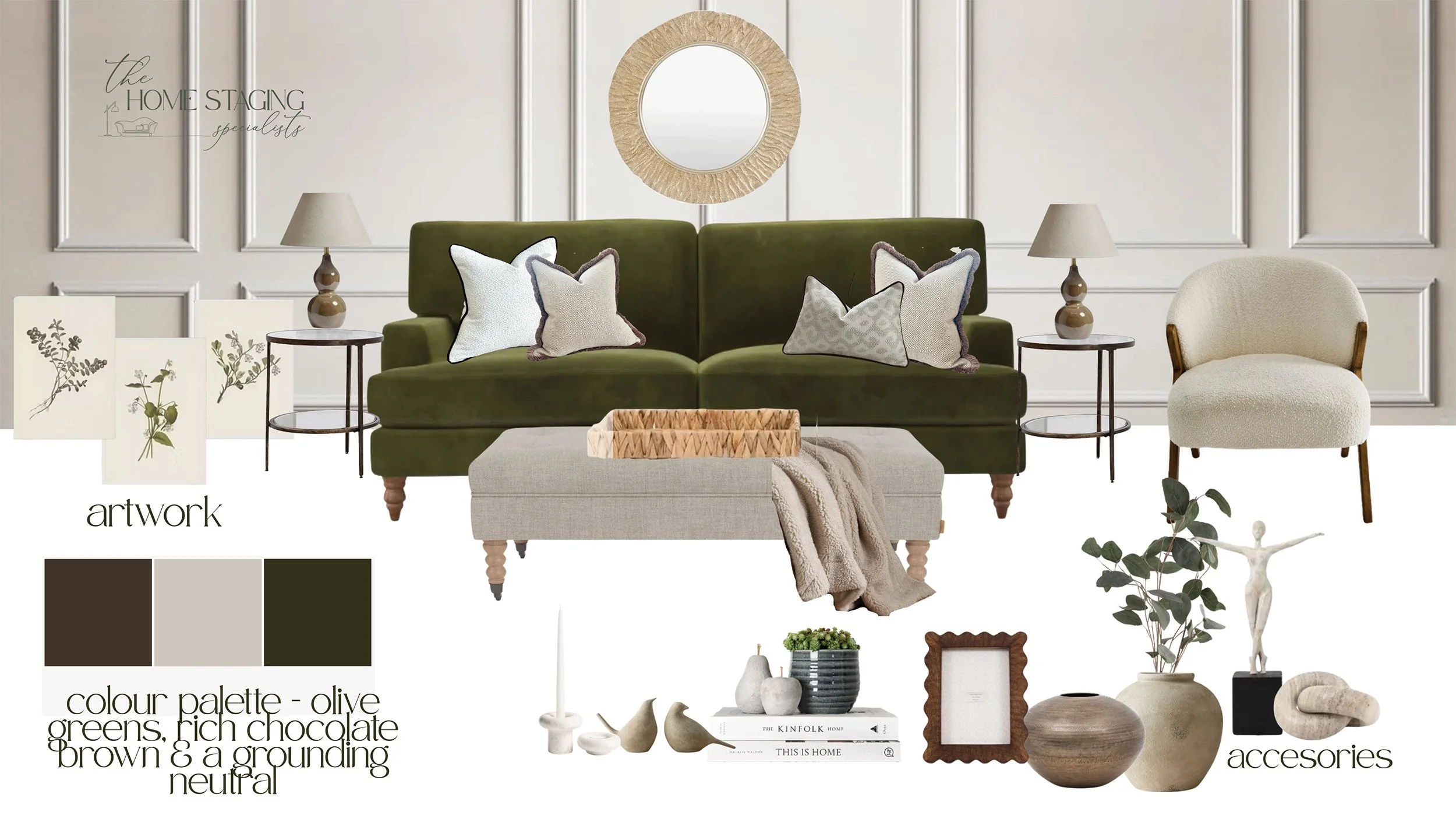 Mood board design of a living room featuring a dark green sofa with decorative pillows, two side tables with lamps, a white armchair, a beige ottoman with a wooden tray, various art pieces, containers, and a plant, with a cream wall background.