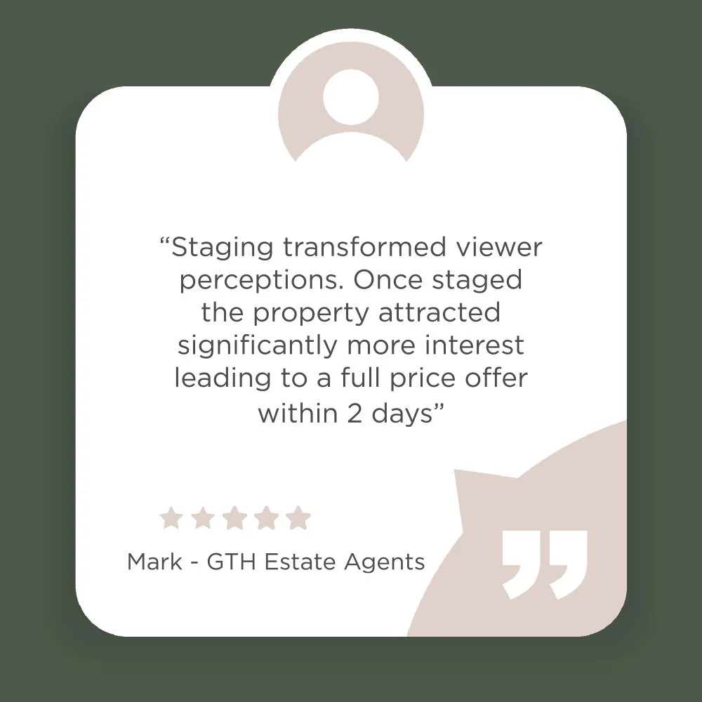 Customer review quote about property investment on a digital card with silhouette icon, quotation marks and a five star rating.