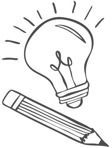 A line drawing of a light bulb with rays of light and a pencil beneath it.