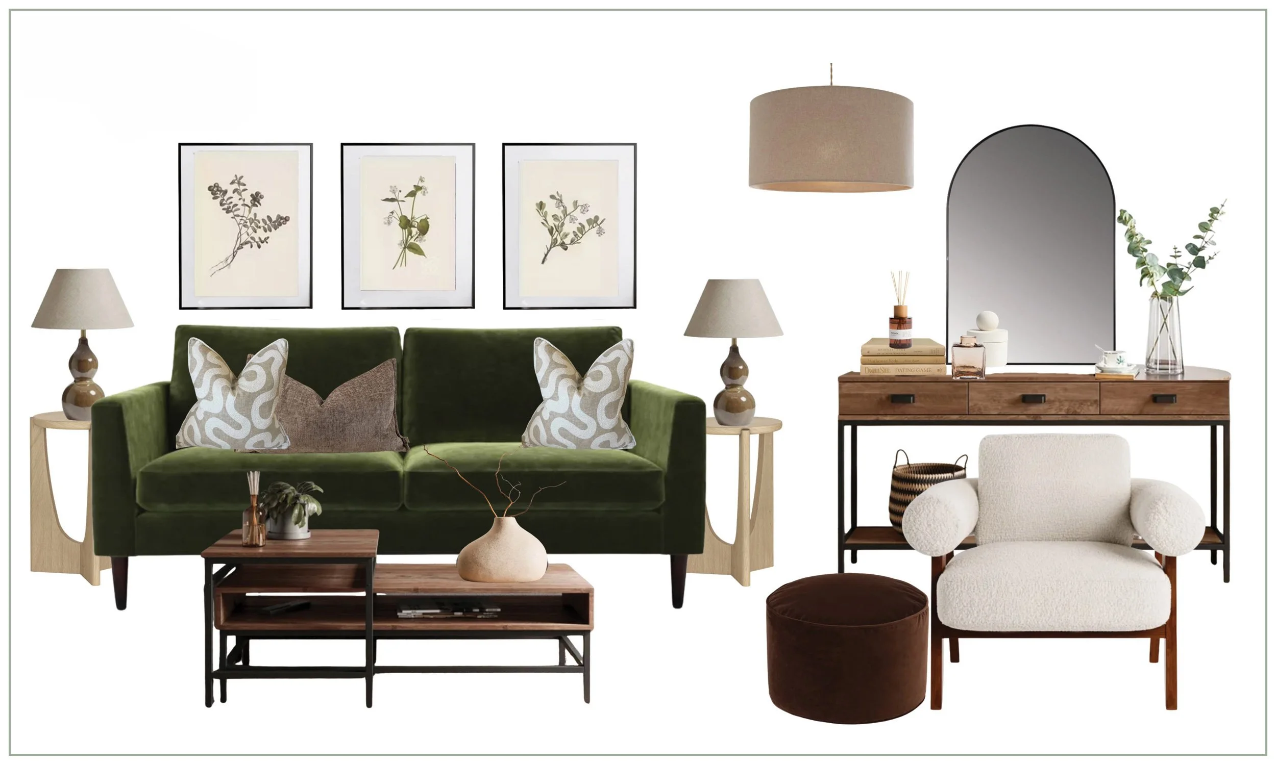 A mood board design of a living room with green sofa, cream armchair, wooden sideboard with mirror, and various decorative items.