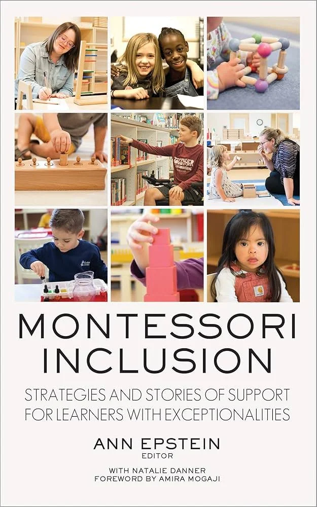 Cover of a book titled 'Montessori Inclusion' featuring images of children engaging in educational activities in a classroom.