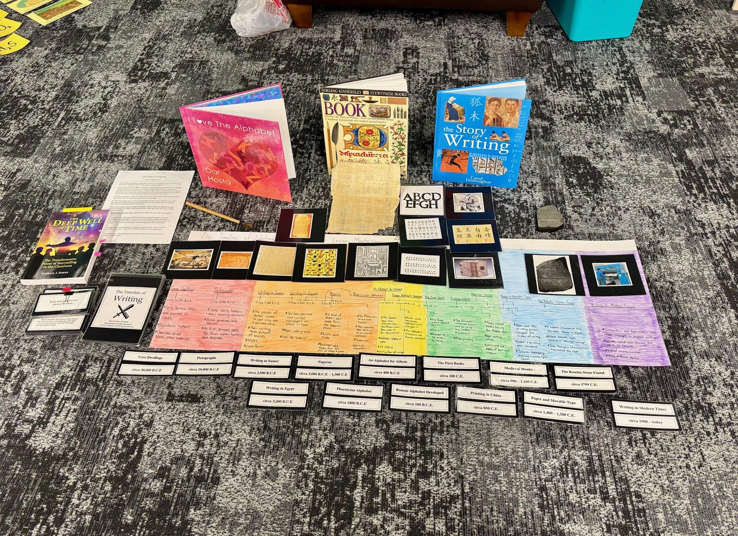A collection of children's educational books, notes, and printed timeline cards spread out on a carpeted floor.