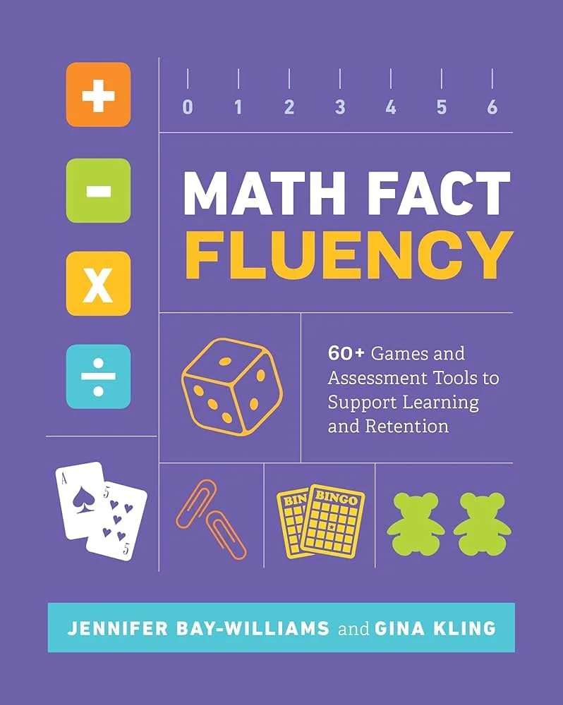 Book cover titled 'Math Fact Fluency' by Jennifer Bay-Williams and Gina Kling, featuring symbols for addition, subtraction, multiplication, and division, along with game icons like cards, paperclips, bingo sheets, and teddy bear stickers, set against a purple background.