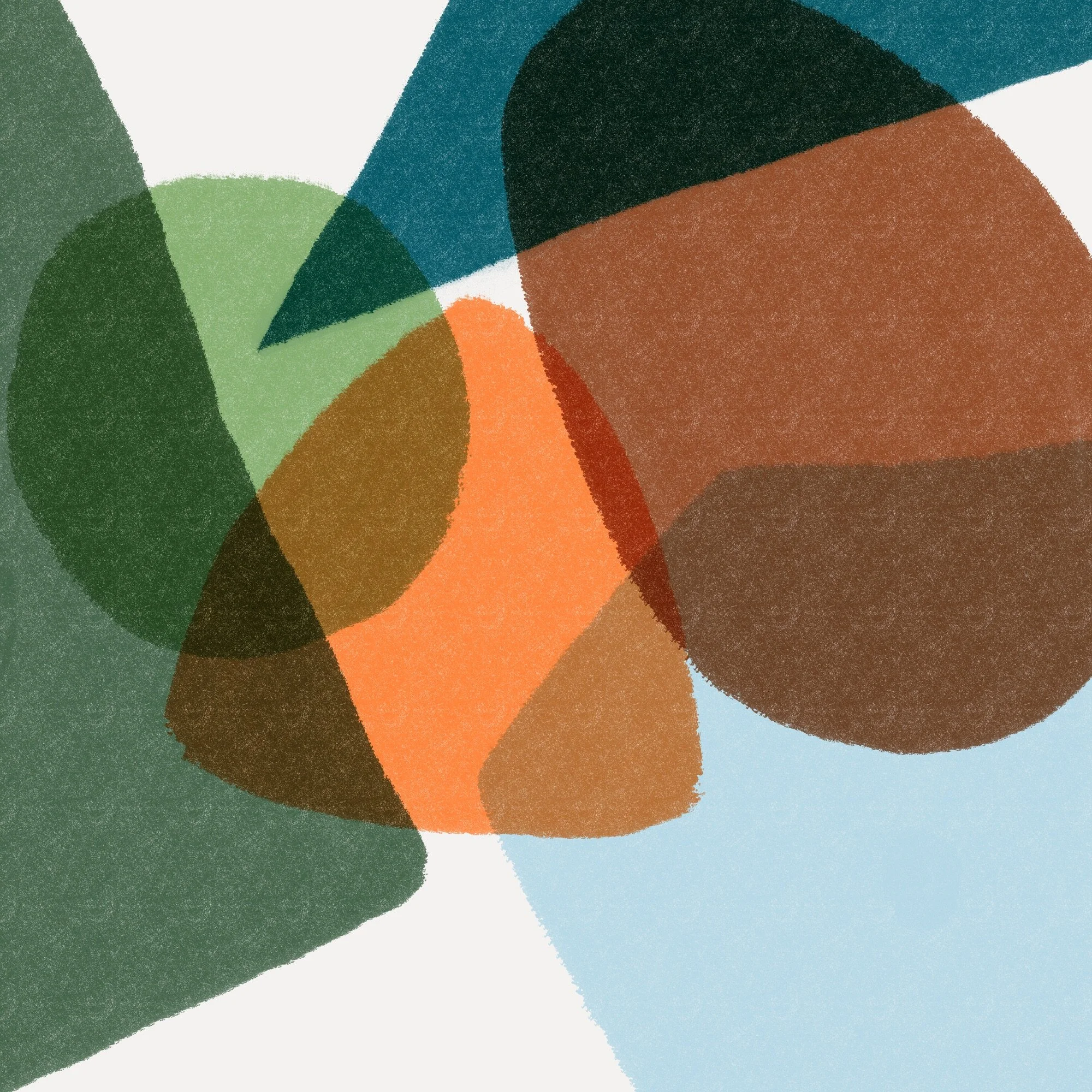Abstract colorful overlapping shapes in earthy tones and green, blue, and orange.