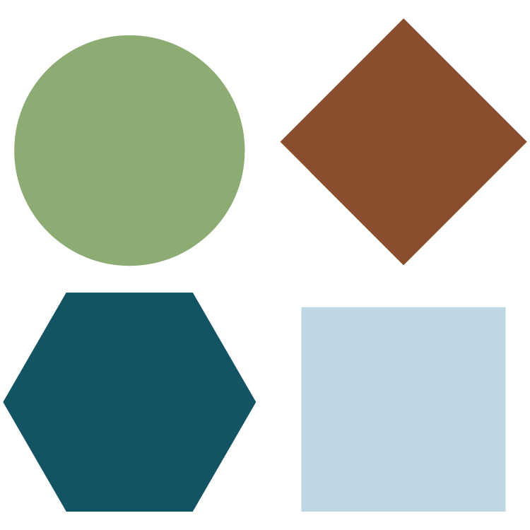 Four geometric shapes: a green circle, a brown diamond, a dark blue hexagon, and a light blue square, arranged against a black background.