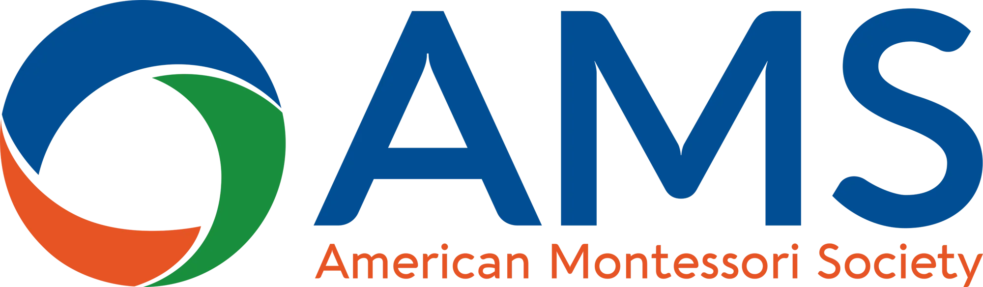 Logo of the American Montessori Society (AMS), featuring a circular emblem with sections in orange, green, and blue, alongside the text 'AMS' in large blue letters and 'American Montessori Society' in smaller orange letters.