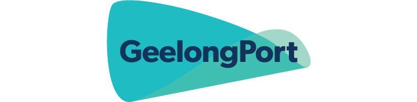 Logo of GeelongPort with stylized blue and teal design.