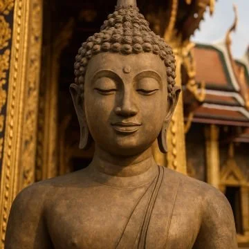 Close-up of a stone Buddha sculpture with a serene expression, detailed hair, and traditional robes, set against an ornate temple background.