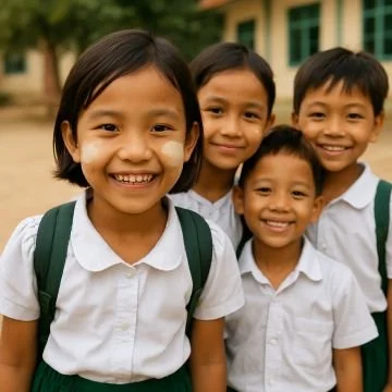 Group of four smiling school children in uniform outside, with green backpacks