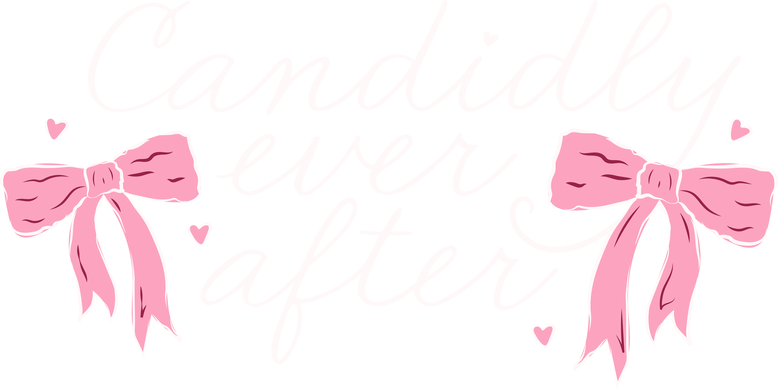 Candidly Ever After logo, swirly text with pink ribbon bows and small pink heart accents surrounding the text