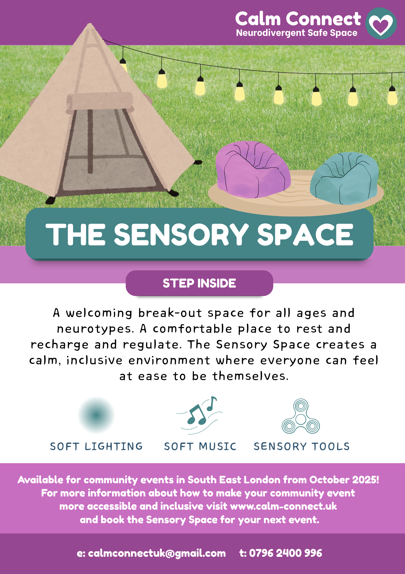 Flier promoting The Sensory Space, a neurodivergent safe space with a tent, string lights, and two bean bag chairs on grass.