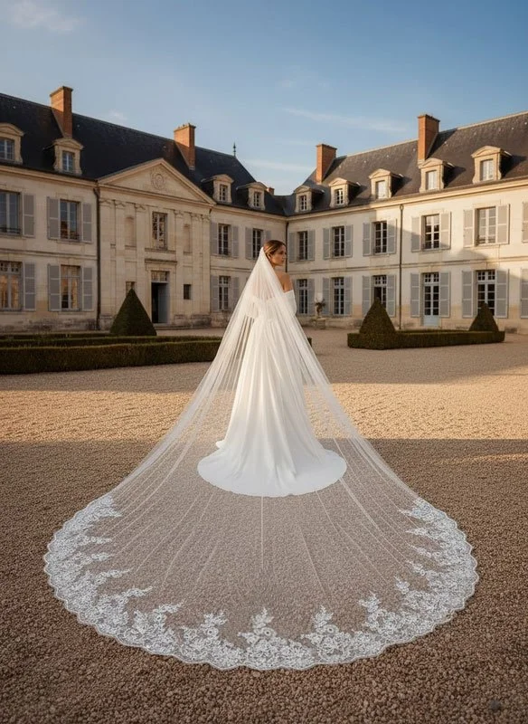 Bride wearing a long lace trimmed single tier cathedral length wedding veil in off white tulle.