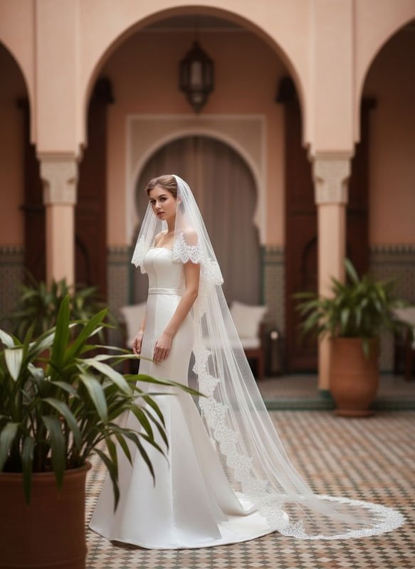 Aurelia Lace Edge Two Tier Bridal Chapel Length Mantilla Wedding Veil with Blusher