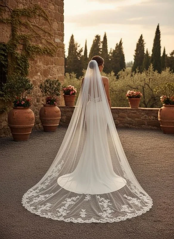 Bride wearing lace edge single tier long bridal cathedral length in off white tulle. 