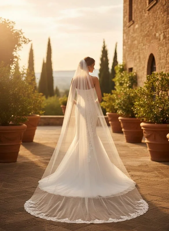 Back view of bride wearing a lace trimmed single tier cathedral length wedding veil in off white tulle.