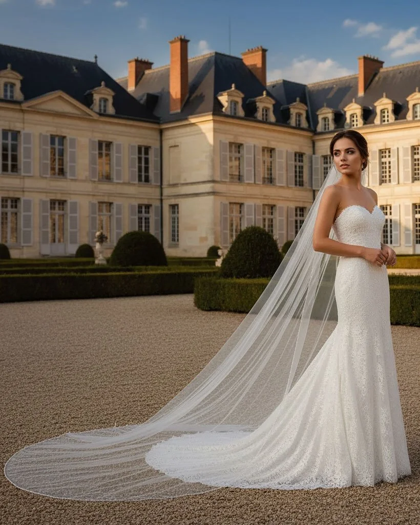 Side view of bride wearing a long beaded edge single tier cathedral veil embellished with beading and pearls. Available for custom lengths in off-white, ivory and champagne tulle.