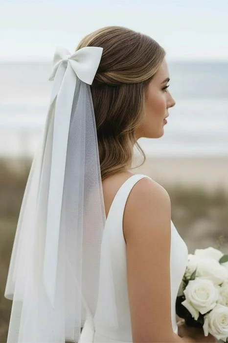 Side view of bride wearing a short shoulder length satin ribbon long tail bow wedding veil in off white tulle color.