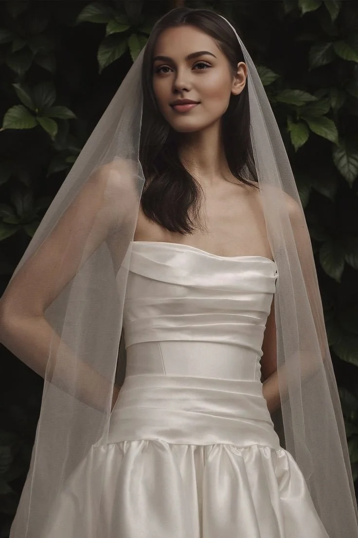 Modern bride wearing clean single layer fingertip length wedding veil in soft Swiss tulle, simple timeless bridal style.