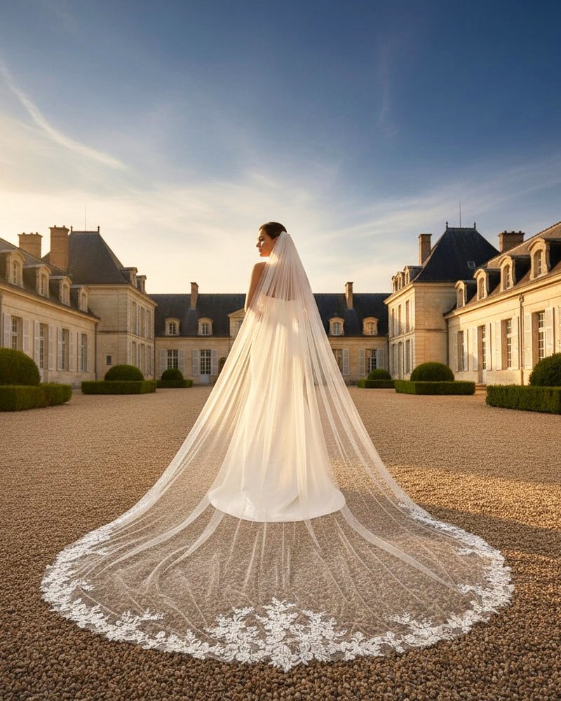 Bride wearing a long cathedral length wedding veil with crystals beaded floral lace applique in off-white tulle.