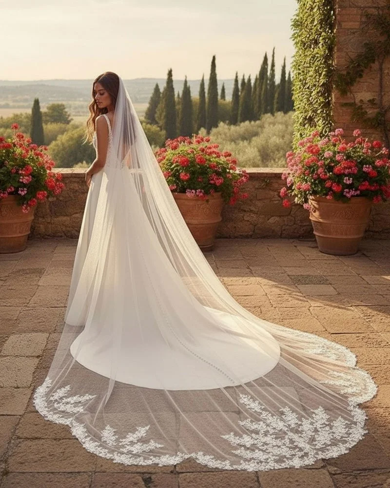 Bride wearing a long scalloped edge lace applique single tier cathedral length wedding veil in off white tulle.