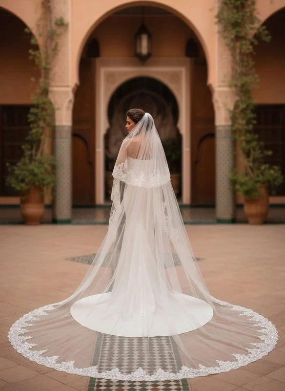 Bride wearing a long lace trimmed two tier cathedral length wedding veil with blusher in off white color.