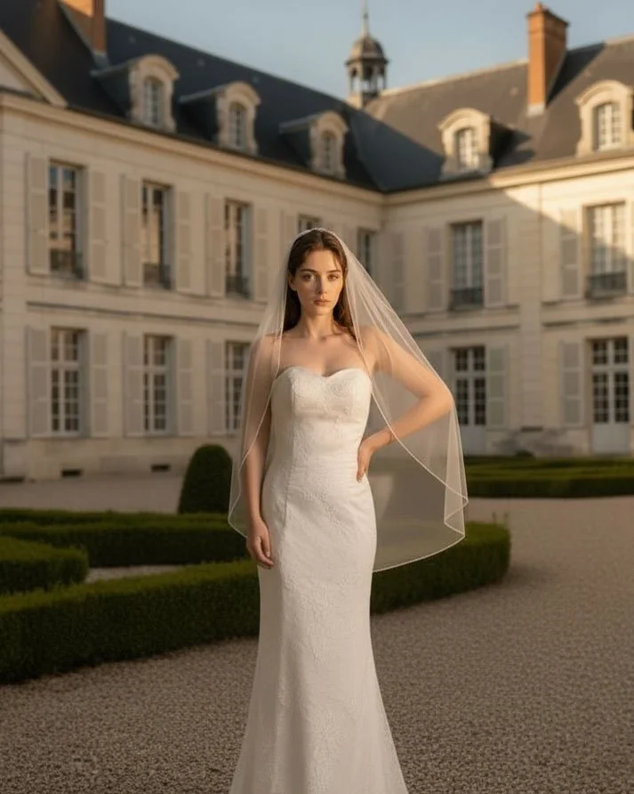 Front view of bride wearing a pearl beaded trimmed fingertip length bridal veil. Single tier veil in off-white tulle.