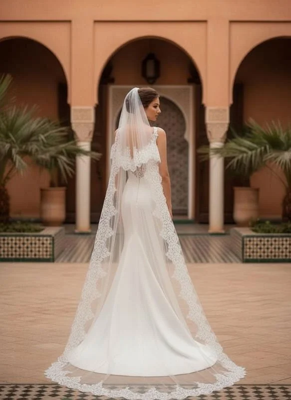 Bride wearing a lace trimmed two tier chapel length wedding veil with blusher in off white color