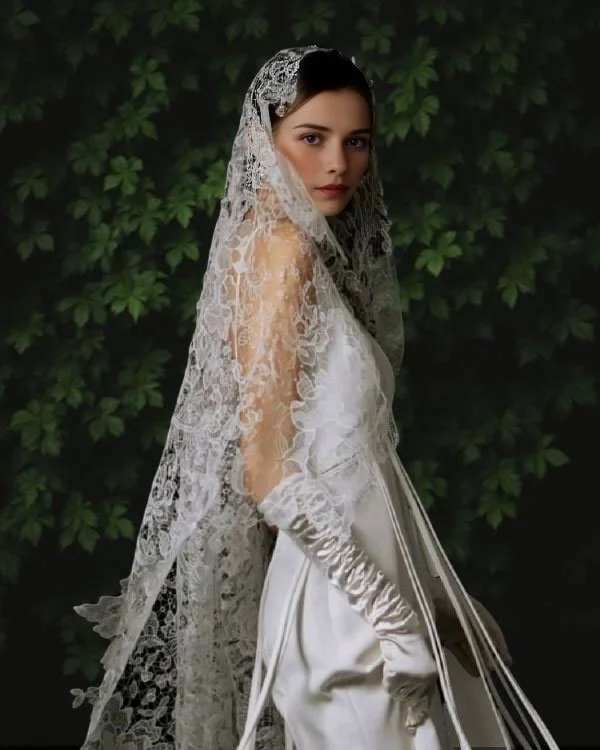 Bride wearing a full Chantilly lace single tier chapel length mantilla veil, latest wedding veil trend for modern bridal look.