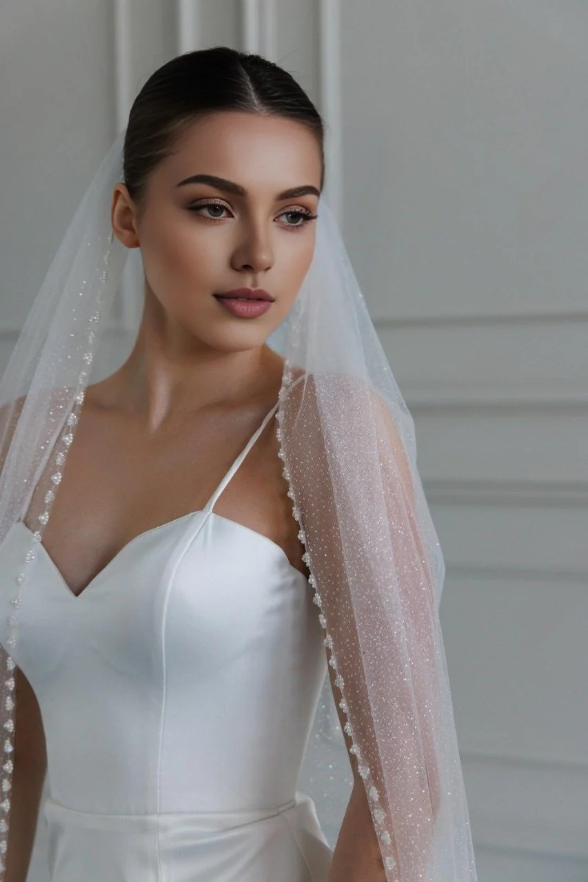 Bride wearing cathedral length one tier glitter wedding veil with pearl beaded edge.