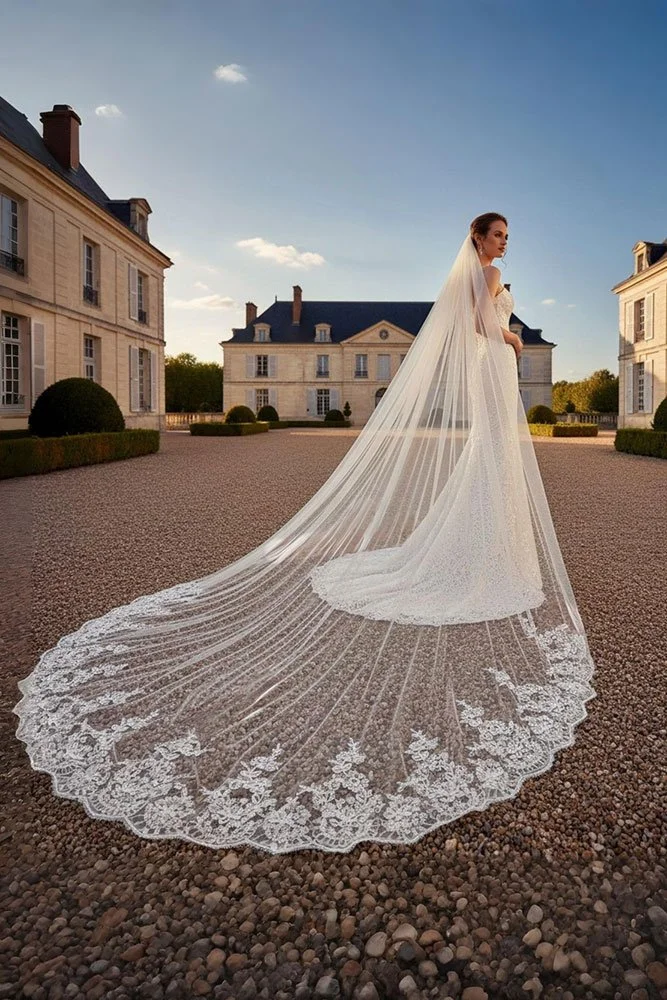 Aeris Sequin Lace Appliqués Single Tier Bridal Cathedral Length Wedding Veil