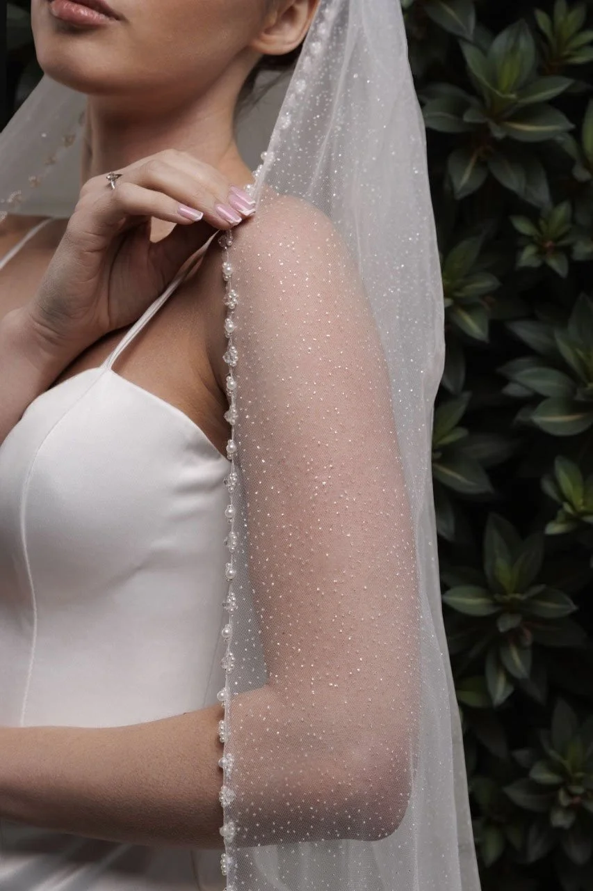 Sparkle Pearl Beaded Edge One Tier Custom Length Glitter Wedding Veil