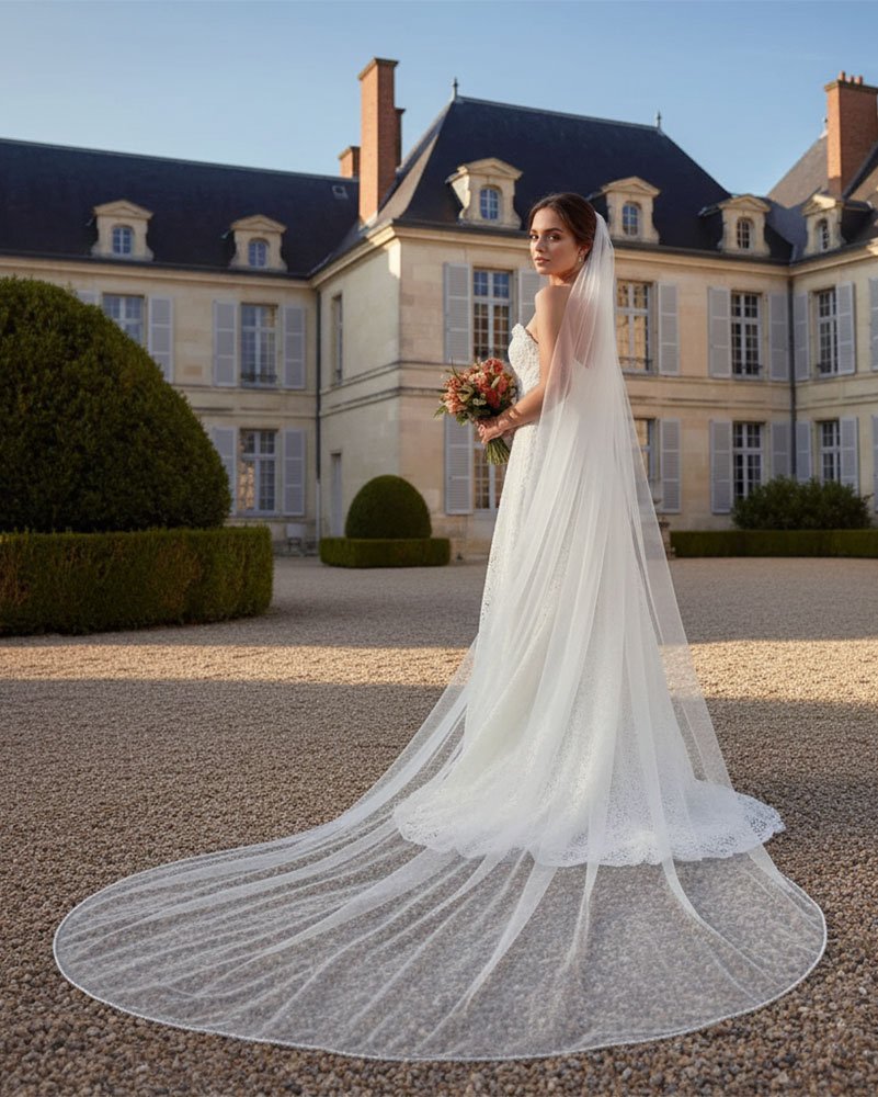 Back view of bride wearing a long cathedral long beaded pearl edge single tier wedding veil in off-white tulle.