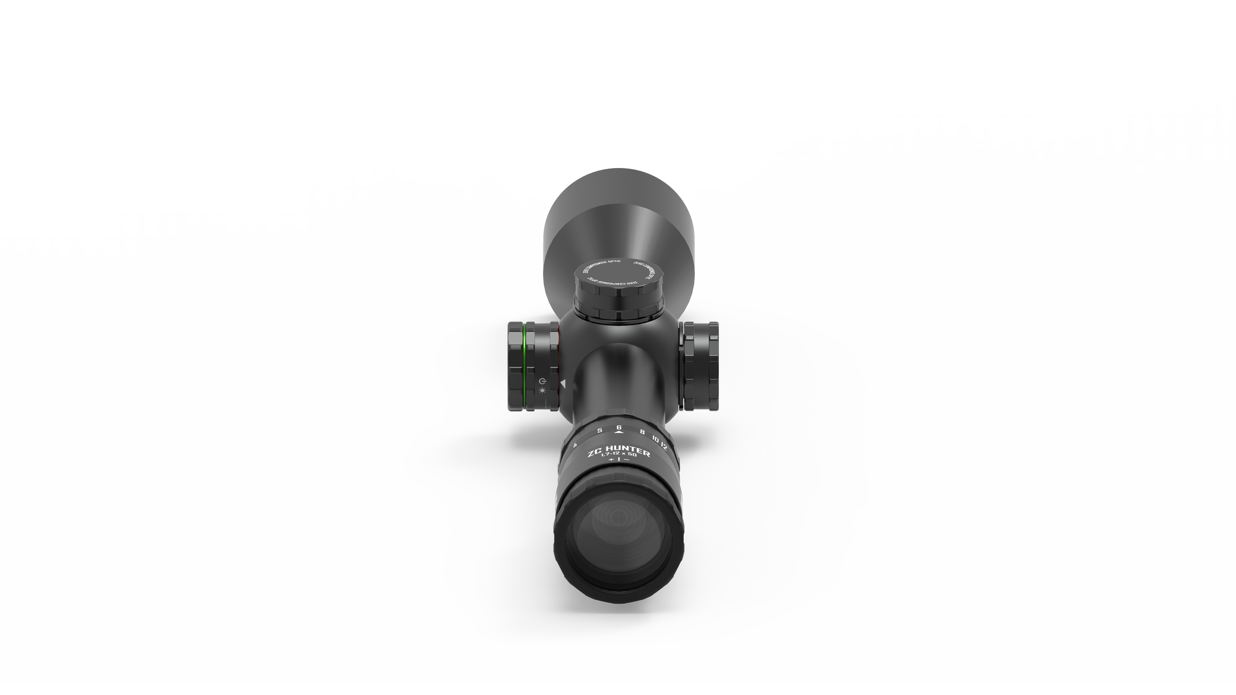 Schwarzer Zielfernrohr mit Modifikationen, Blick von vorne auf eine weiße Oberfläche.