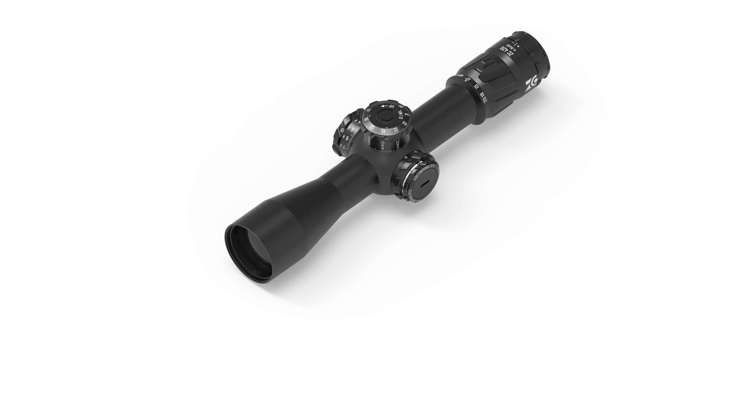 Schwarzer Zielfernrohr liegt auf weißem Hintergrund.