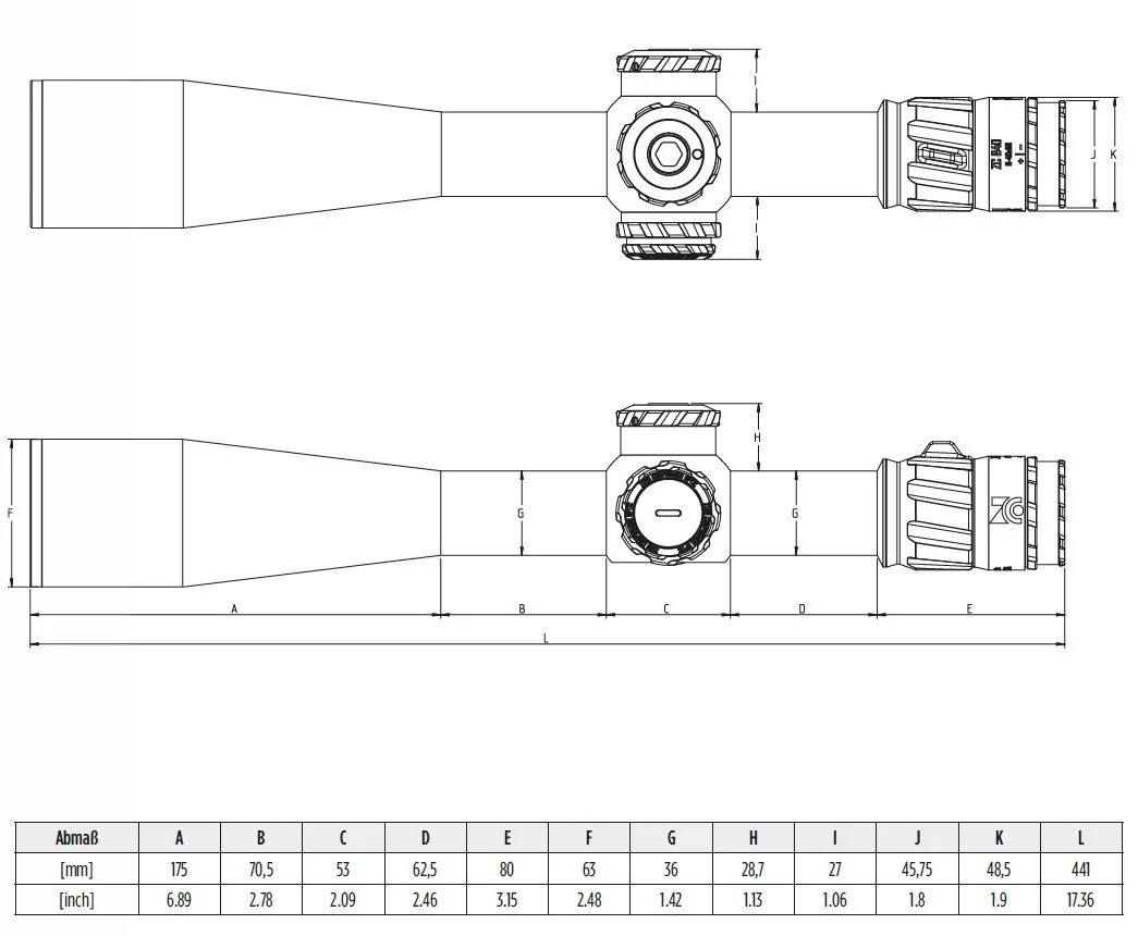Technisches Diagramm eines Röhrenscopes mit detaillierten Abmessungen in mm und Zoll, inklusive Bezugsgrößen und nummerierten Teilen