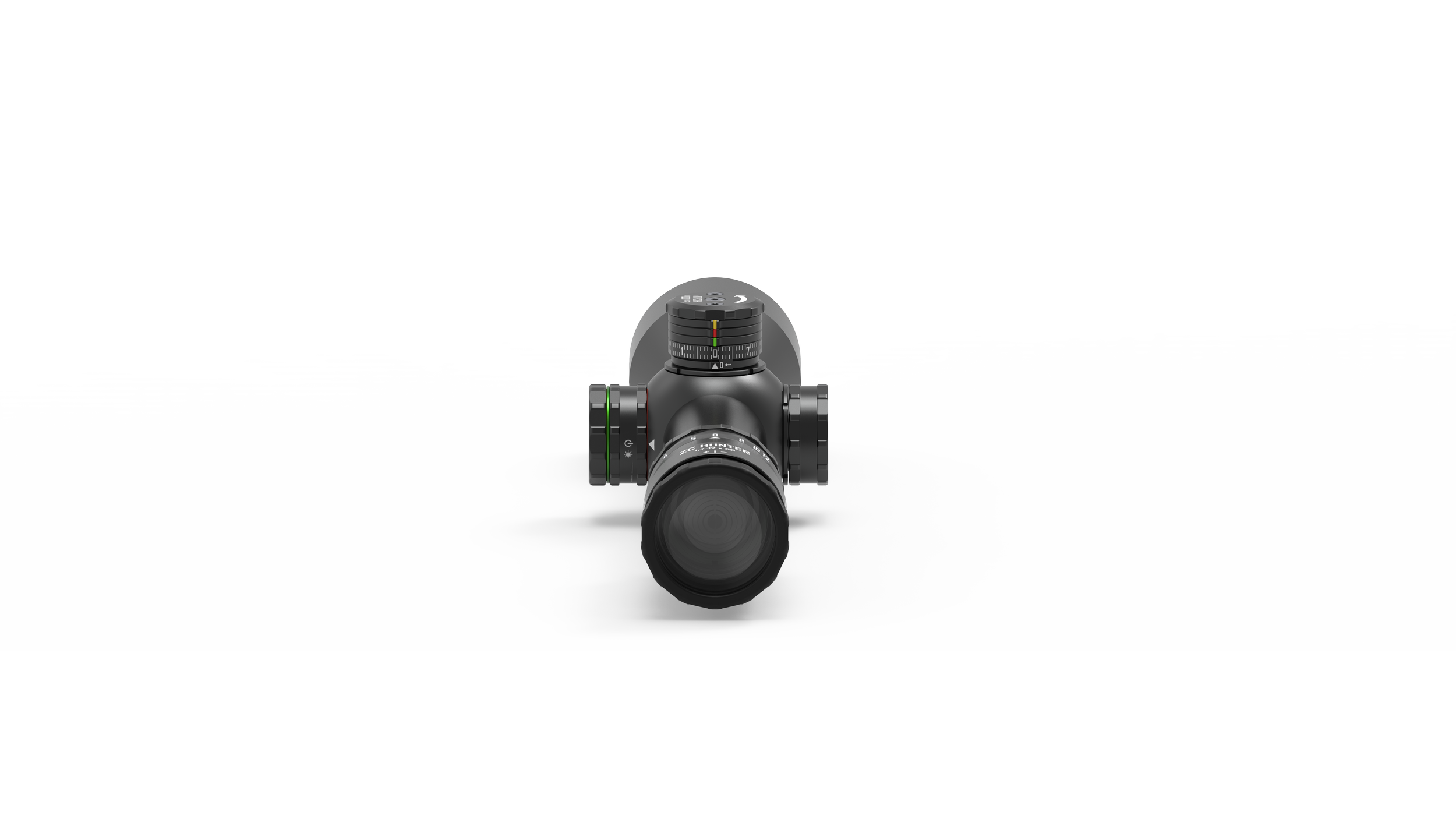 Ein schwarzer Zielfernrohr mit grünen Markierungen, gesehen von vorne, auf weißem Hintergrund