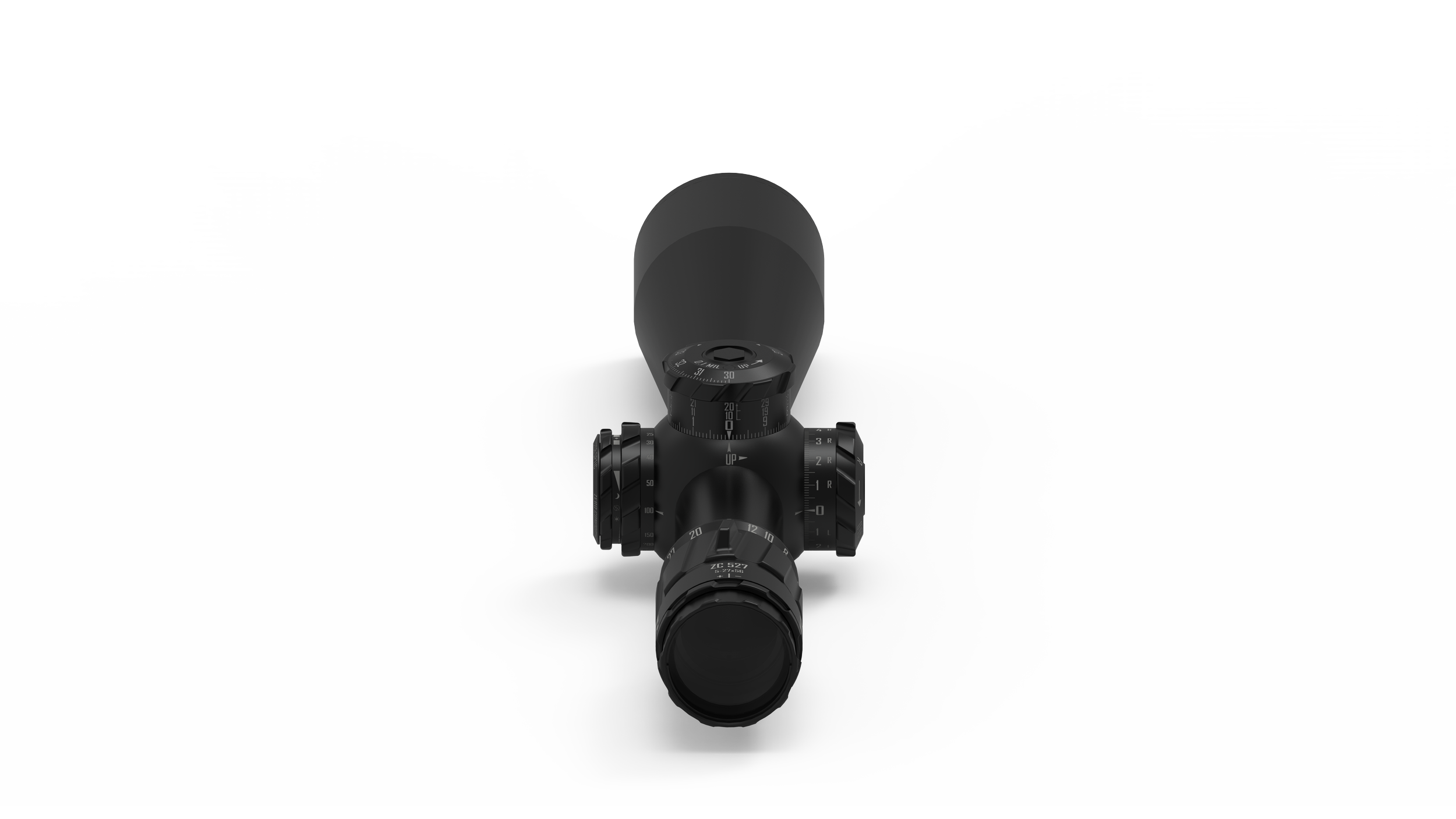 Schwarzer Zielfernrohr mit mehreren Einstellrädern, auf einem weißen Hintergrund fotografiert.