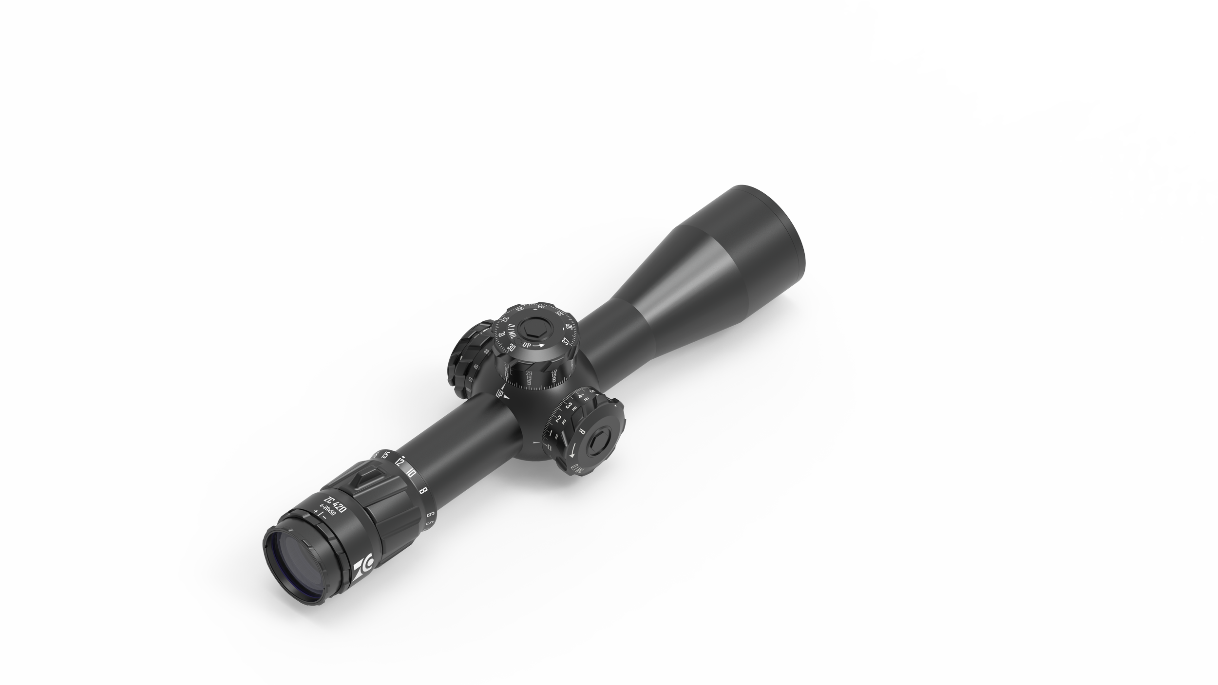 Schwarzer Zielfernrohr mit Einstellknöpfen auf weißem Hintergrund