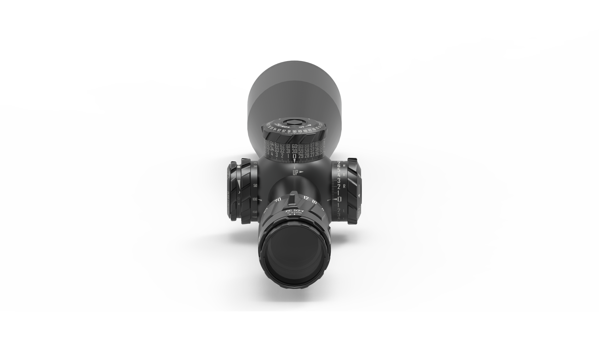 Schwarze Zieloptik mit verschiedenen Einstellrädern, im Wasser. Im Hintergrund eine runde Silhouette, die wie eine Prismenöffnung aussieht.