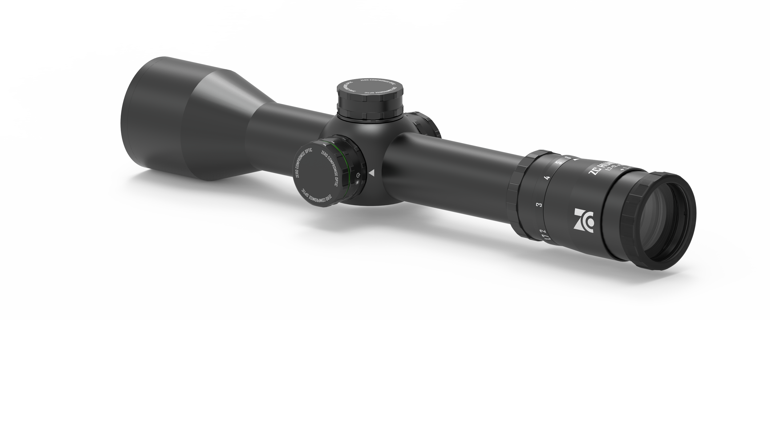 Schwarzer Zielfernrohr mit Einstellrädern auf weißem Hintergrund.