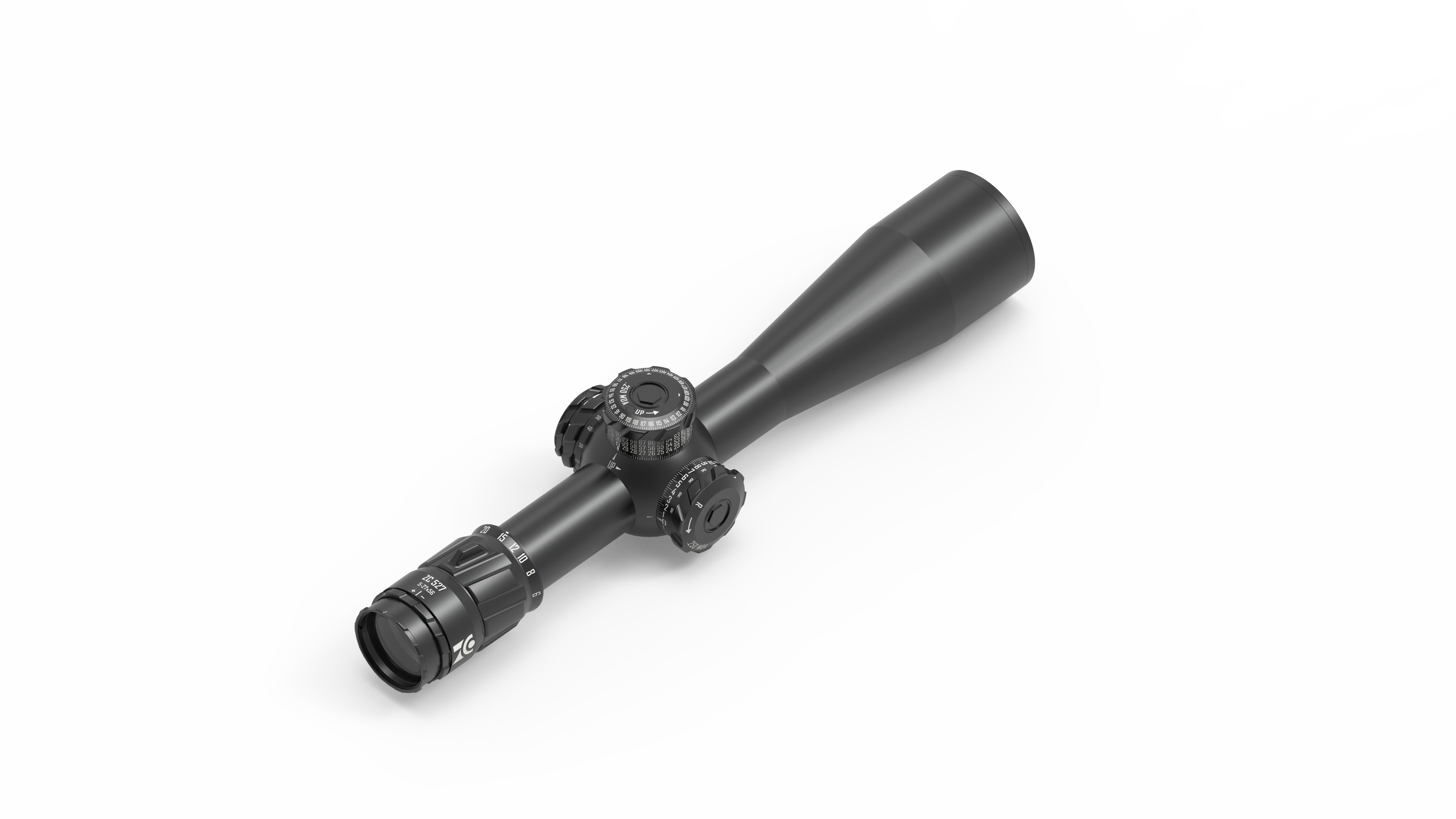 Schwarzer Zielfernrohr mit verstellbaren Einstellrädern und Fokussierung auf weißem Hintergrund.