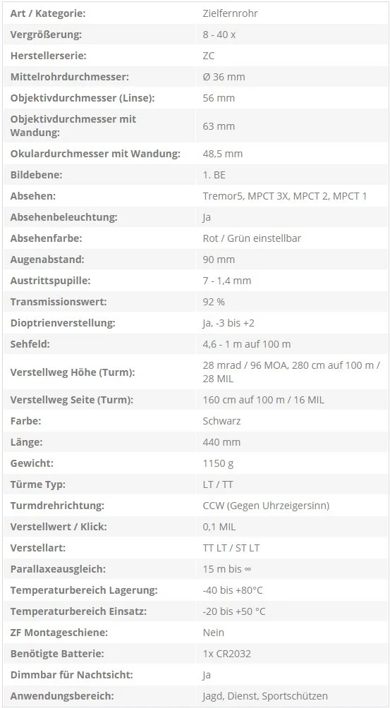 Tabellarischer technischen Spezifikationsübersicht eines Zielkameras mit detaillierten Daten zu Größe, Durchmesser, Ausstattung, Farben, Gewicht, Einsatzzweck, Temperaturbereich und mehr.