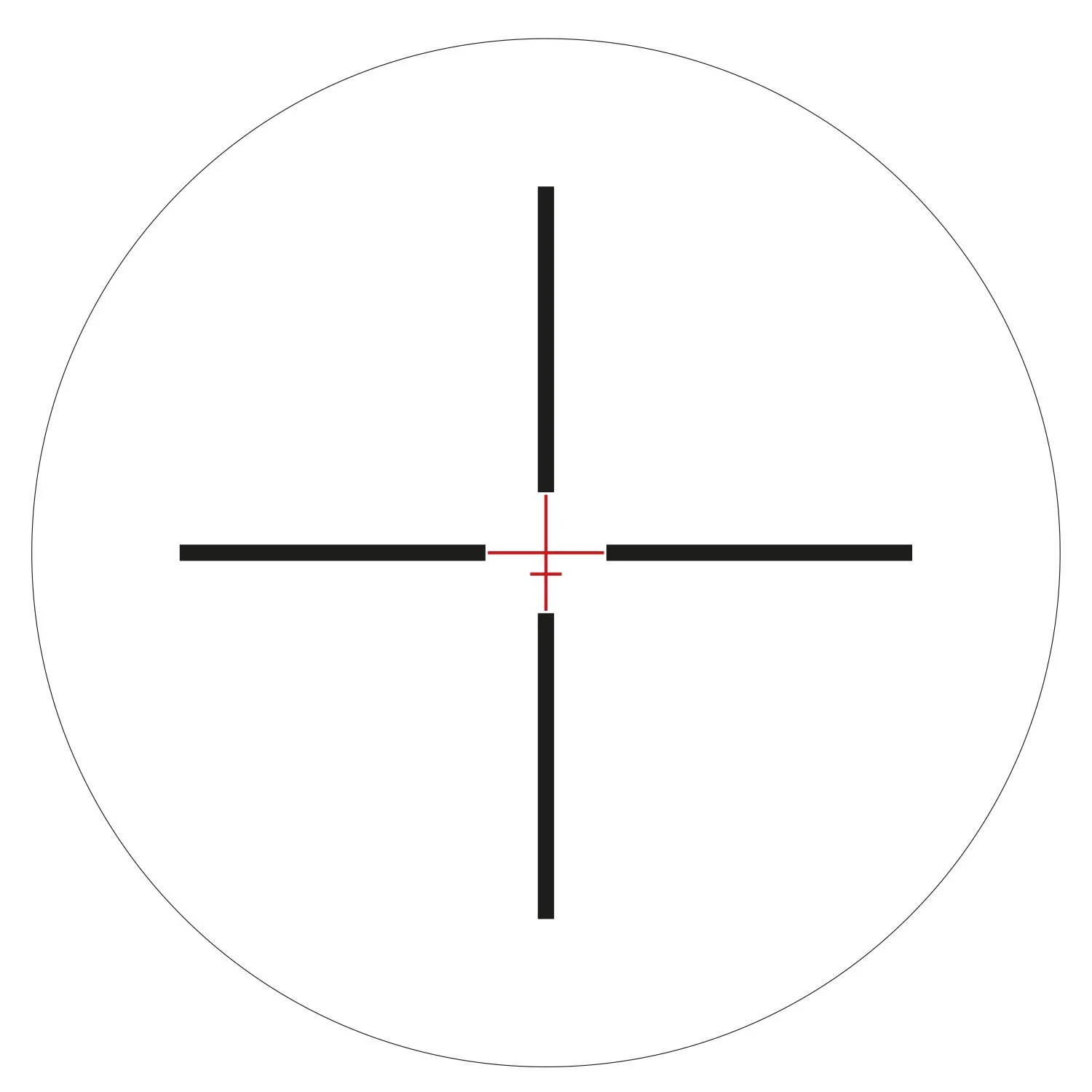 Ein Zielkreis mit vier schwarzen Markierungen, die längs in der Mitte angeordnet sind, und roten Zielhilfslinien in der Mitte.